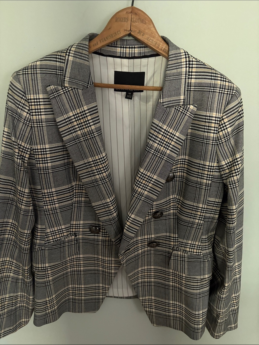 Banana Republic Gray and Cream Plaid Double-Breasted Blazer